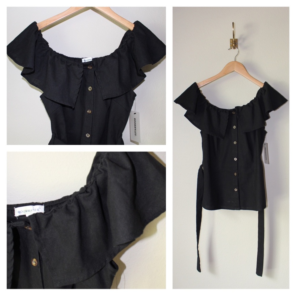 Elegant Black Off-Shoulder Roommates Button Down Blouse
